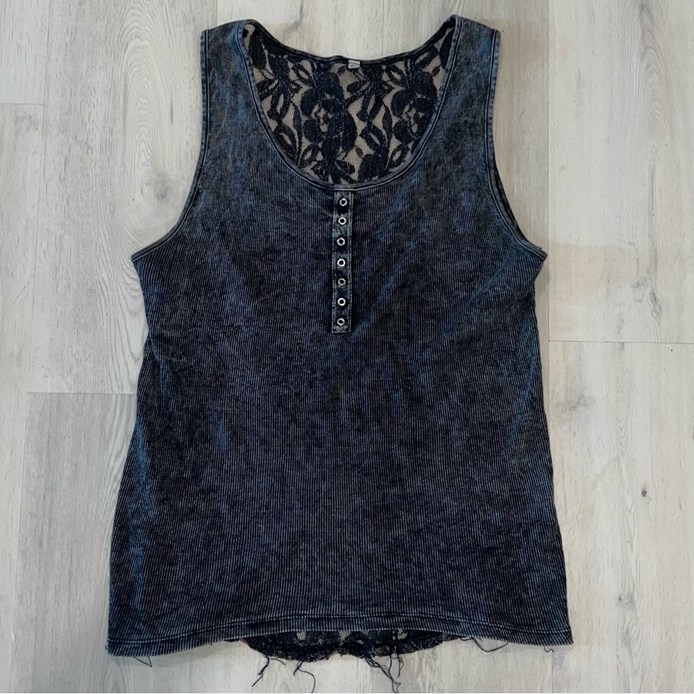 Y2K Black Ribbed Tank top with lace back size Large acid wash grunge goth